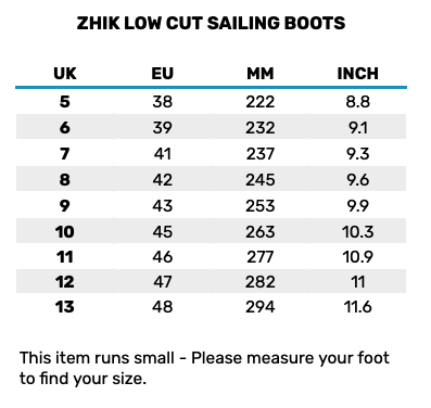 2025 Zhik Low Cut Sailing Boot 0 Gráfico do tamanho